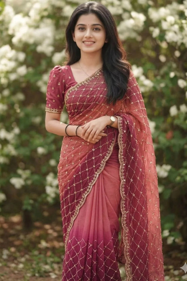 Party Wear NC Satin Saree with Heavy Beads, Sequins and Cut Work - Rosepetals Luxe