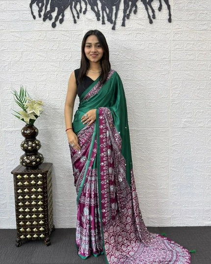 Party Wear Saree | Japan Satin Silk | Heavy Mirror Work & Latkan Pallu Border | 4 Colors - Rosepetals Luxe