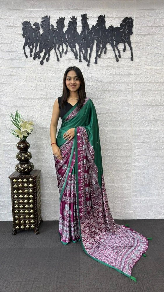 Party Wear Saree | Japan Satin Silk | Heavy Mirror Work & Latkan Pallu Border | 4 Colors - Rosepetals Luxe