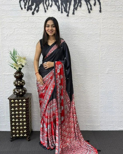 Party Wear Saree | Japan Satin Silk | Heavy Mirror Work & Latkan Pallu Border | 4 Colors - Rosepetals Luxe