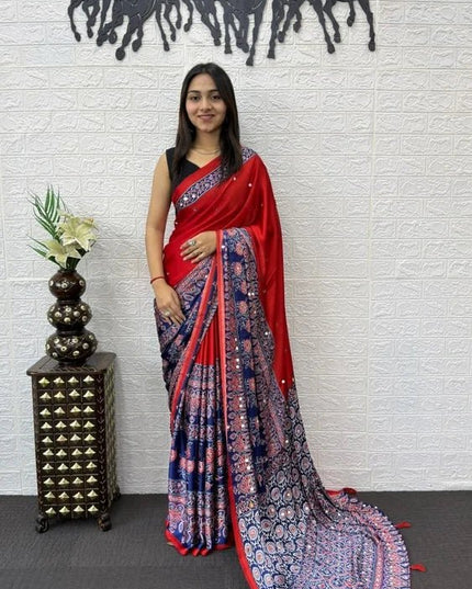 Party Wear Saree | Japan Satin Silk | Heavy Mirror Work & Latkan Pallu Border | 4 Colors - Rosepetals Luxe