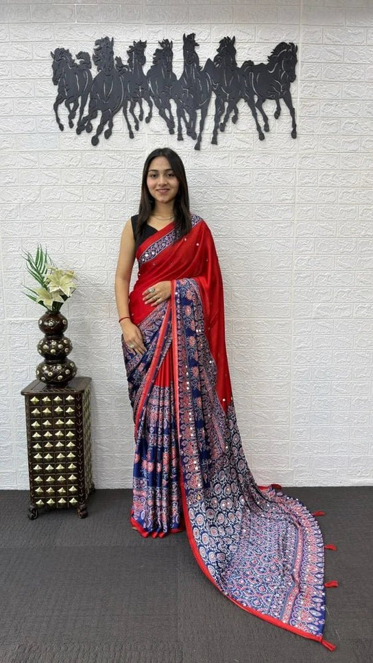 Party Wear Saree | Japan Satin Silk | Heavy Mirror Work & Latkan Pallu Border | 4 Colors - Rosepetals Luxe