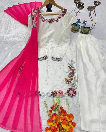 Party Wear Top Palazzo Set with Dupatta | Heavy Embroidery & Moti Work - Rosepetals Luxe