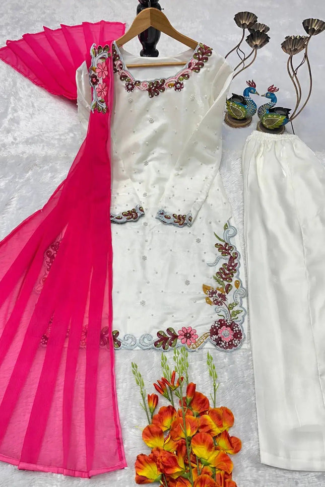Party Wear Top Palazzo Set with Dupatta | Heavy Embroidery & Moti Work - Rosepetals Luxe