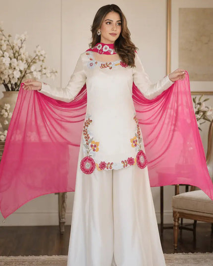 Party Wear Top Palazzo Set with Dupatta | Heavy Embroidery & Moti Work - Rosepetals Luxe