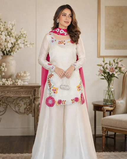 Party Wear Top Palazzo Set with Dupatta | Heavy Embroidery & Moti Work - Rosepetals Luxe