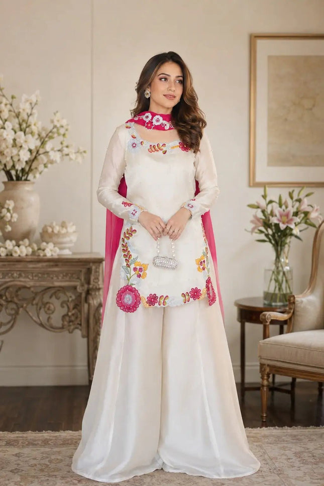 Party Wear Top Palazzo Set with Dupatta | Heavy Embroidery & Moti Work - Rosepetals Luxe