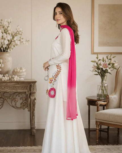 Party Wear Top Palazzo Set with Dupatta | Heavy Embroidery & Moti Work - Rosepetals Luxe