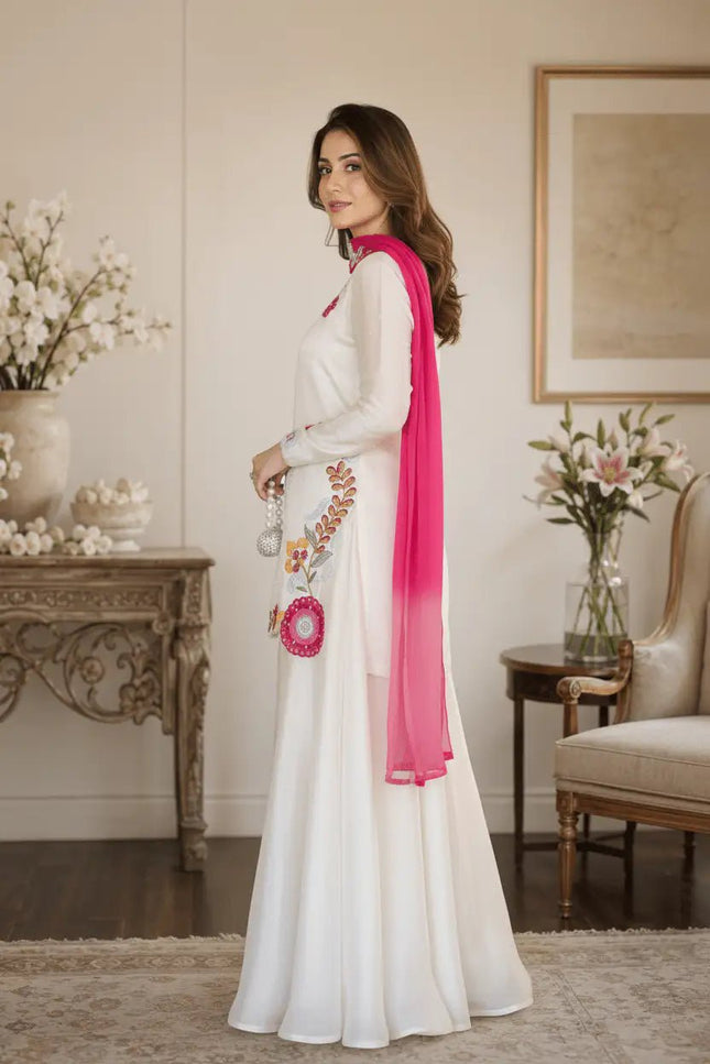 Party Wear Top Palazzo Set with Dupatta | Heavy Embroidery & Moti Work - Rosepetals Luxe
