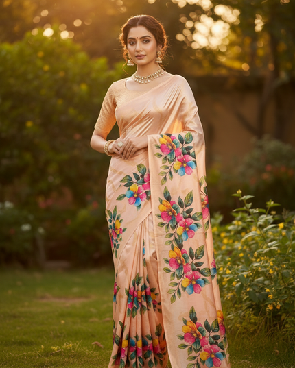 Peach Chinon Saree with Aari Work and Premium Floral Digital Print