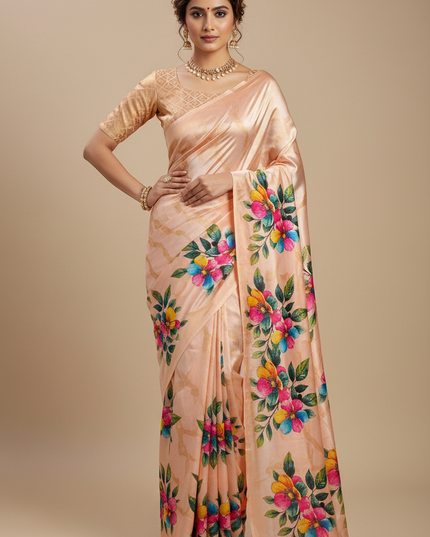 Peach Chinon Saree with Aari Work and Premium Floral Digital Print