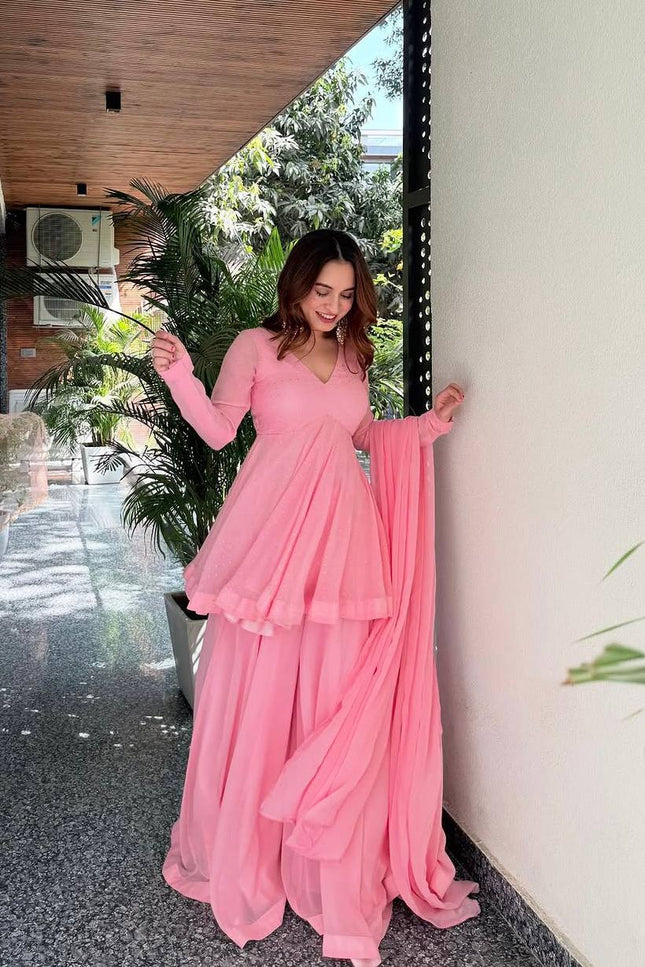Pink Anarkali Sharara Suit | Perfect For Festivals and Celebrations - Rosepetals Luxe