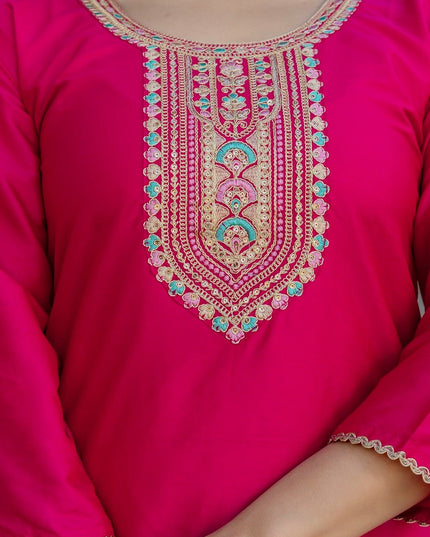 Pink Chanderi Cotton Embroidery Kurti, Bottom and Jacquard Organza Dupatta Set - Rosepetals Luxe