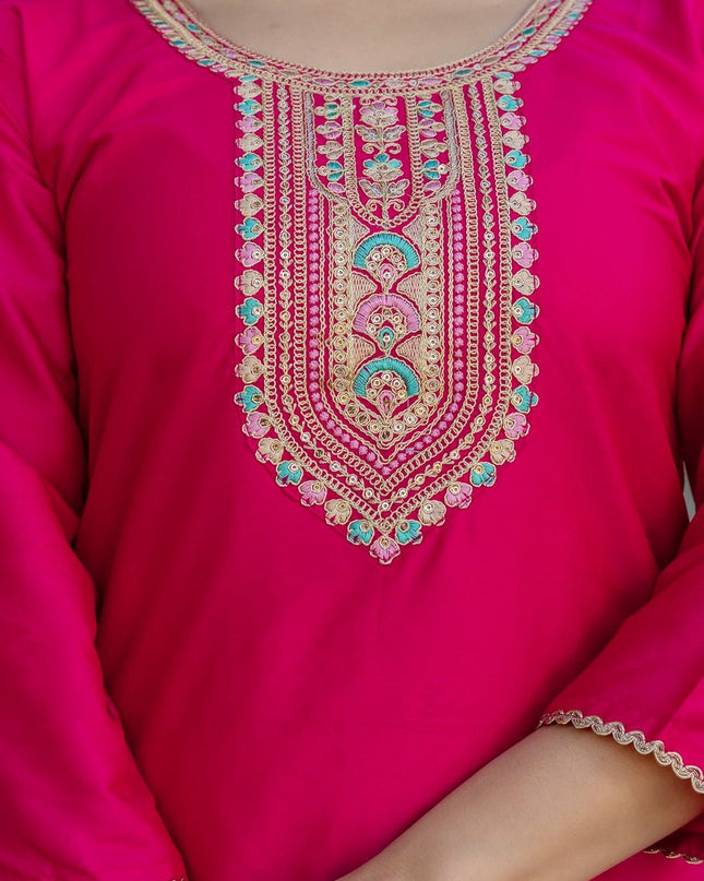Pink Chanderi Cotton Embroidery Kurti, Bottom and Jacquard Organza Dupatta Set - Rosepetals Luxe