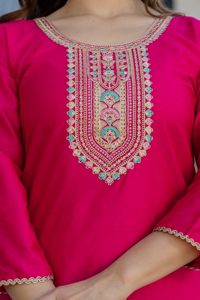 Pink Chanderi Cotton Embroidery Kurti, Bottom and Jacquard Organza Dupatta Set - Rosepetals Luxe