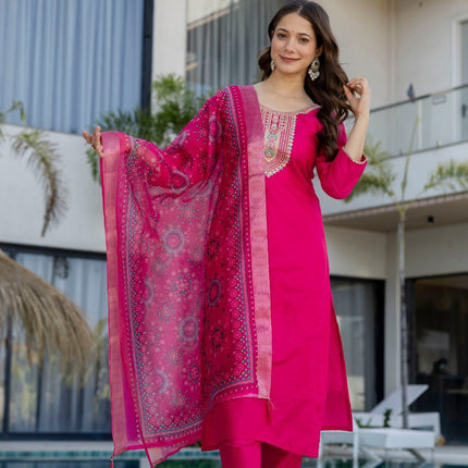 Pink Chanderi Cotton Embroidery Kurti, Bottom and Jacquard Organza Dupatta Set - Rosepetals Luxe