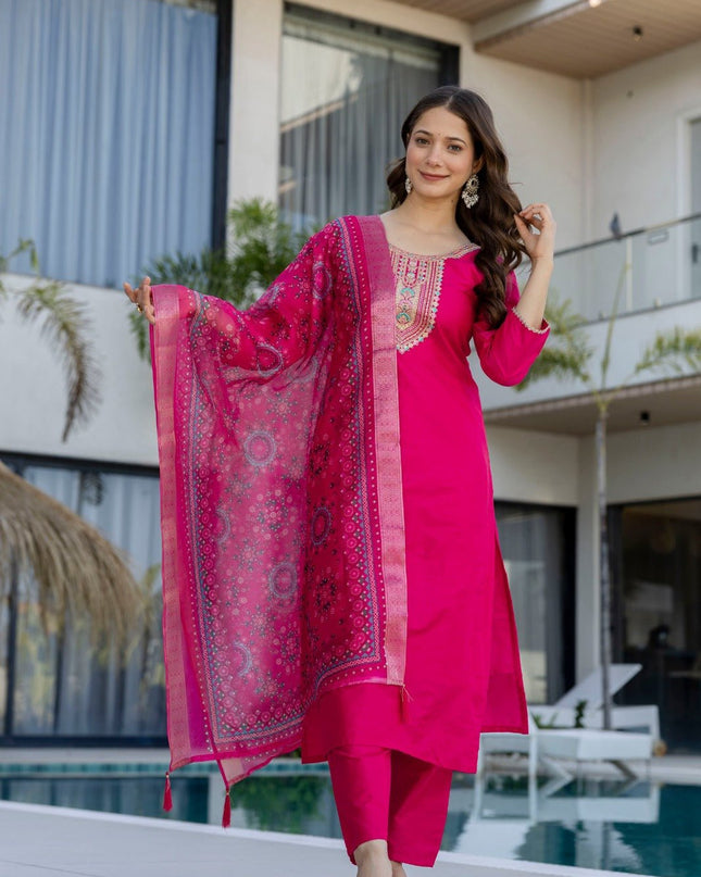 Pink Chanderi Cotton Embroidery Kurti, Bottom and Jacquard Organza Dupatta Set - Rosepetals Luxe