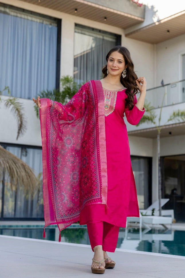 Pink Chanderi Cotton Embroidery Kurti, Bottom and Jacquard Organza Dupatta Set - Rosepetals Luxe