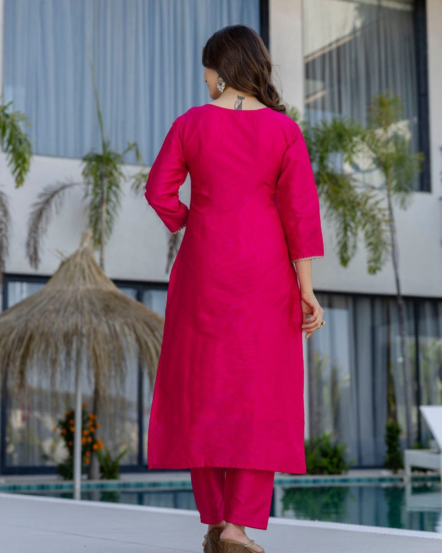 Pink Chanderi Cotton Embroidery Kurti, Bottom and Jacquard Organza Dupatta Set - Rosepetals Luxe
