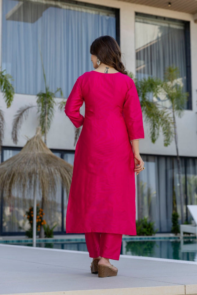 Pink Chanderi Cotton Embroidery Kurti, Bottom and Jacquard Organza Dupatta Set - Rosepetals Luxe