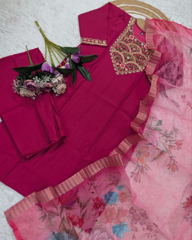 Pink Chanderi Cotton Embroidery Kurti, Bottom and Jacquard Organza Dupatta Set - Rosepetals Luxe