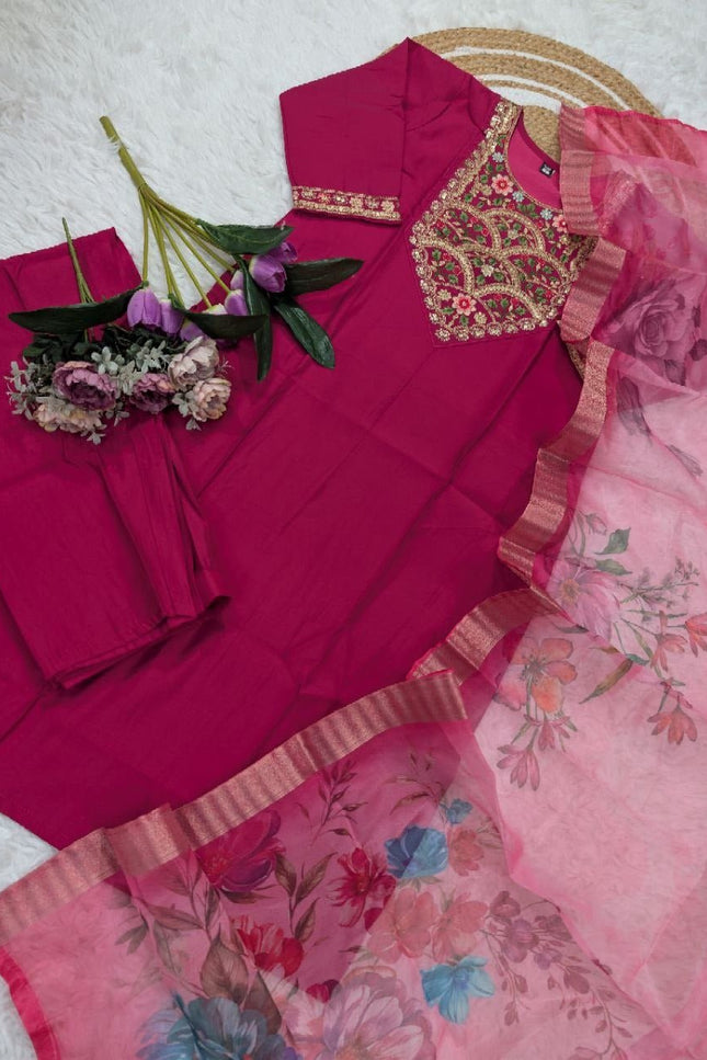 Pink Chanderi Cotton Embroidery Kurti, Bottom and Jacquard Organza Dupatta Set - Rosepetals Luxe
