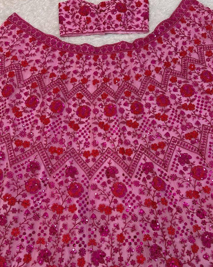 Pink Net Lehenga Choli Set | Sequins, Dori & Zari Embroidery | Unstitched Blouse - Rosepetals Luxe