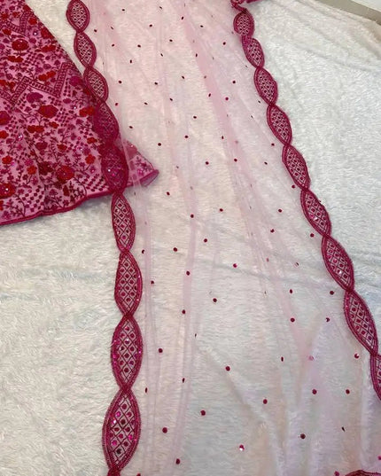Pink Net Lehenga Choli Set | Sequins, Dori & Zari Embroidery | Unstitched Blouse - Rosepetals Luxe
