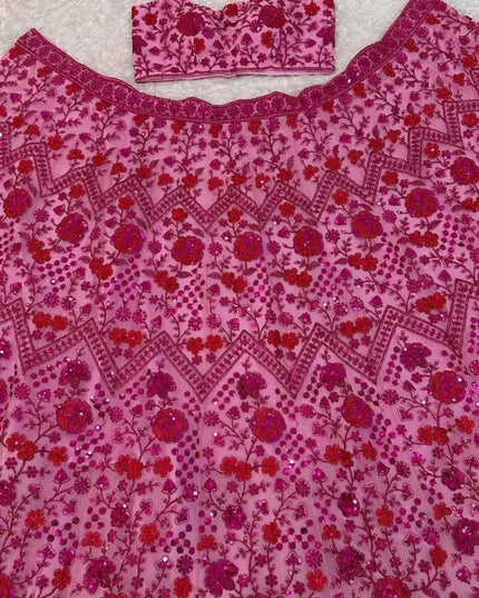 Pink Net Lehenga Choli Set | Sequins, Dori & Zari Embroidery | Unstitched Blouse - Rosepetals Luxe
