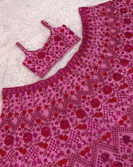 Pink Net Lehenga Choli Set | Sequins, Dori & Zari Embroidery | Unstitched Blouse - Rosepetals Luxe