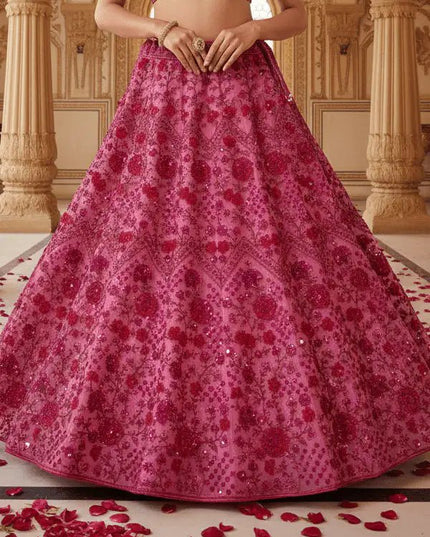 Pink Net Lehenga Choli Set | Sequins, Dori & Zari Embroidery | Unstitched Blouse - Rosepetals Luxe