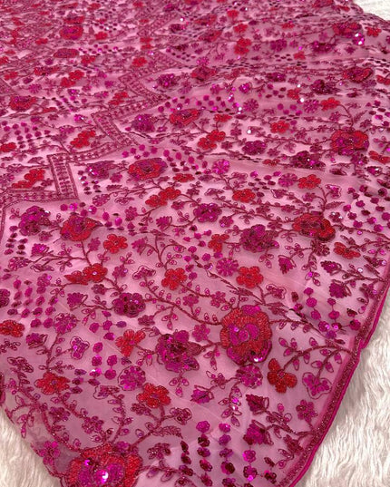 Pink Net Lehenga Choli Set | Sequins, Dori & Zari Embroidery | Unstitched Blouse - Rosepetals Luxe