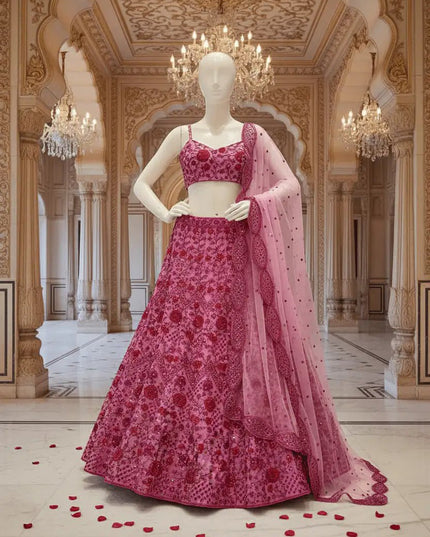 Pink Net Lehenga Choli Set | Sequins, Dori & Zari Embroidery | Unstitched Blouse - Rosepetals Luxe