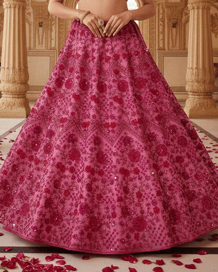 Pink Net Lehenga Choli Set | Sequins, Dori & Zari Embroidery | Unstitched Blouse - Rosepetals Luxe