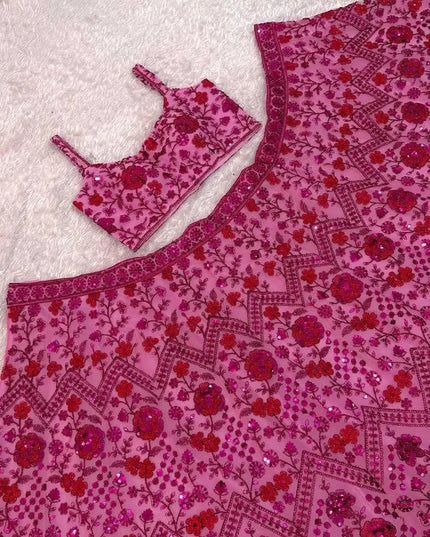 Pink Net Lehenga Choli Set | Sequins, Dori & Zari Embroidery | Unstitched Blouse - Rosepetals Luxe