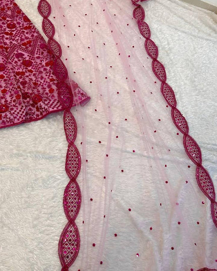Pink Net Lehenga Choli Set | Sequins, Dori & Zari Embroidery | Unstitched Blouse - Rosepetals Luxe