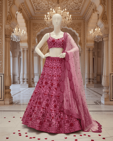 Pink Net Lehenga Choli Set | Sequins, Dori & Zari Embroidery | Unstitched Blouse - Rosepetals Luxe