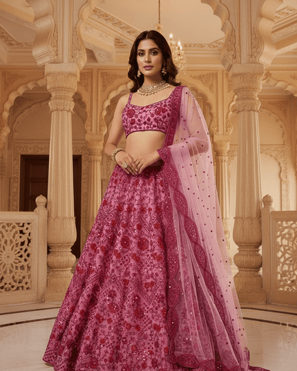 Pink Net Lehenga Choli Set | Sequins, Dori & Zari Embroidery | Unstitched Blouse - Rosepetals Luxe