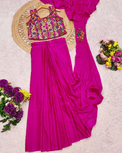 Pink Rangoli Silk Pre-Draped Saree | Soft & Flowy | Fully Stitched Blouse | Free Size M–XXL - Rosepetals Luxe
