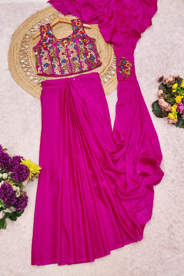 Pink Rangoli Silk Pre-Draped Saree | Soft & Flowy | Fully Stitched Blouse | Free Size M–XXL - Rosepetals Luxe