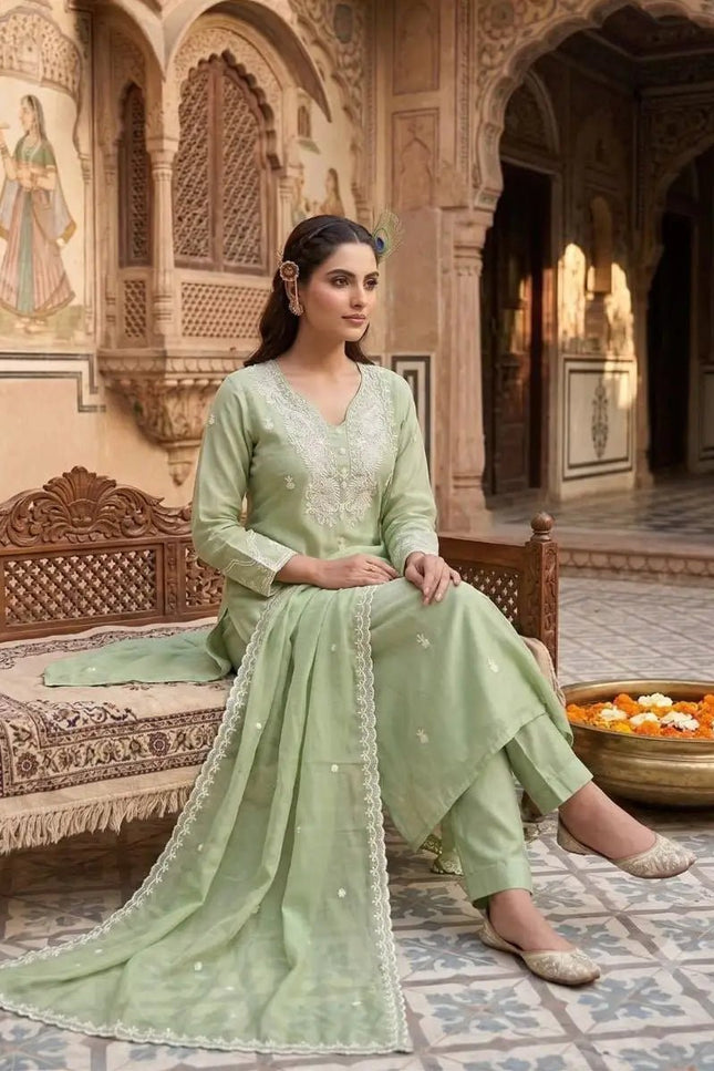Pista Pure Mul Chanderi Embroidered Salwar Suit Set with Dupatta | Women's Festive Ethnic Wear - Rosepetals Luxe