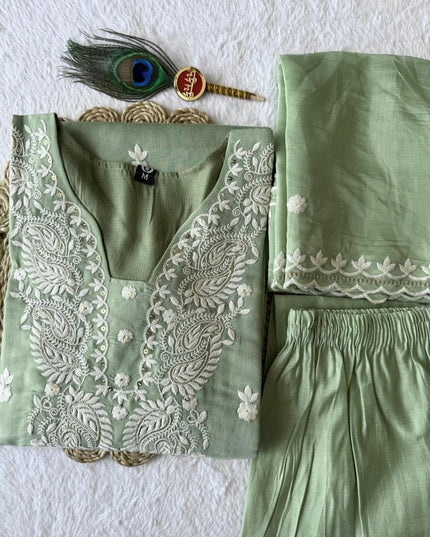 Pista Pure Mul Chanderi Embroidered Salwar Suit Set with Dupatta | Women's Festive Ethnic Wear - Rosepetals Luxe