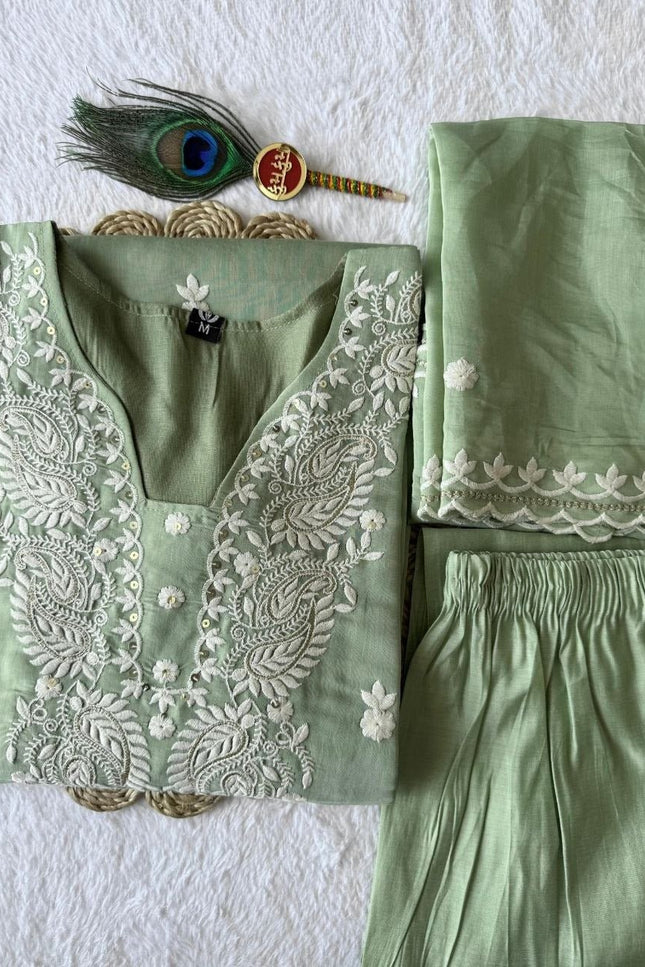 Pista Pure Mul Chanderi Embroidered Salwar Suit Set with Dupatta | Women's Festive Ethnic Wear - Rosepetals Luxe