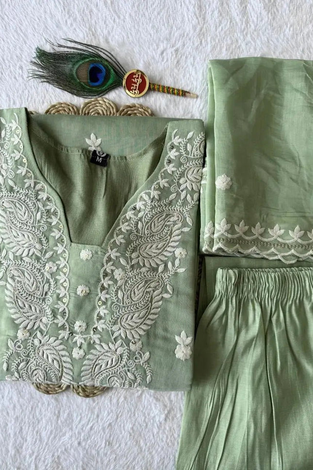 Pista Pure Mul Chanderi Embroidered Salwar Suit Set with Dupatta | Women's Festive Ethnic Wear - Rosepetals Luxe