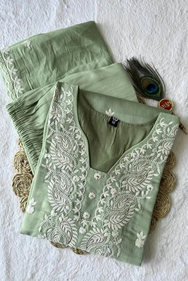 Pista Pure Mul Chanderi Embroidered Salwar Suit Set with Dupatta | Women's Festive Ethnic Wear - Rosepetals Luxe