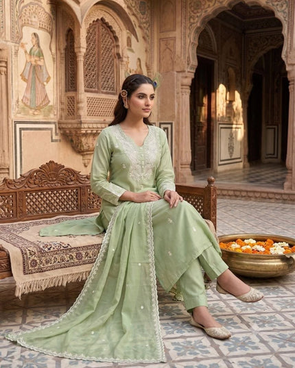 Pista Pure Mul Chanderi Embroidered Salwar Suit Set with Dupatta | Women's Festive Ethnic Wear - Rosepetals Luxe