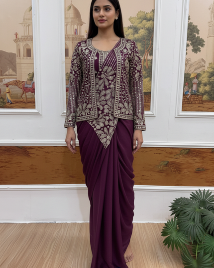 Ready to Wear Drape Saree with Koti | Zari & Semi Beads Embroidery | Faux Georgette - Rosepetals Luxe