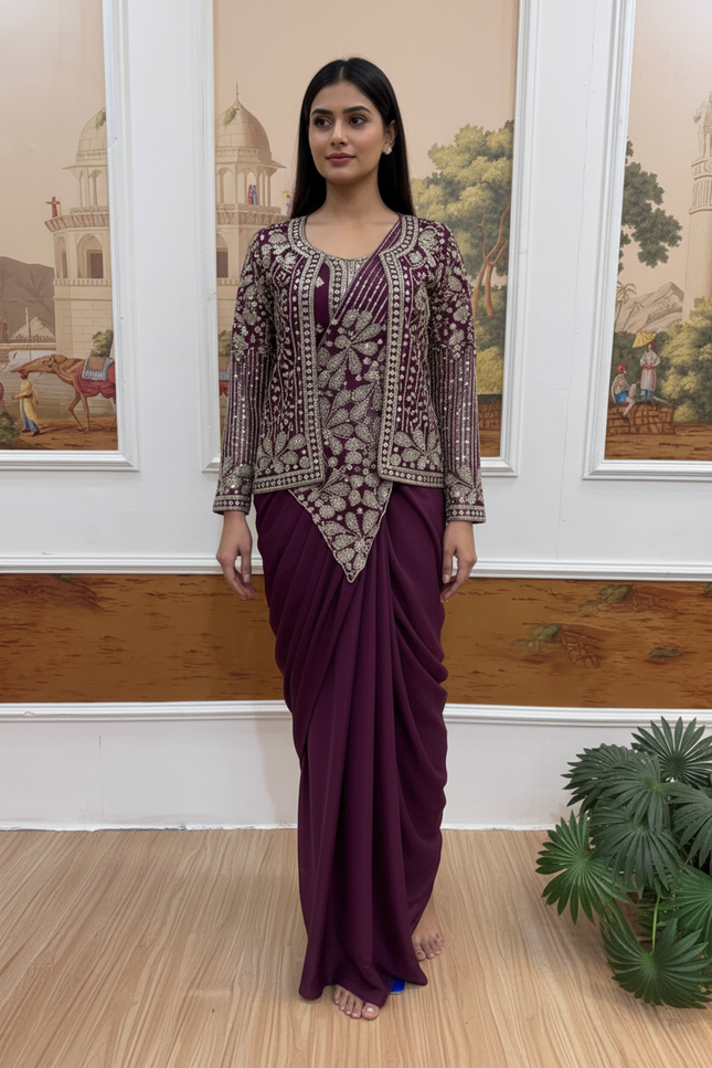 Ready to Wear Drape Saree with Koti | Zari & Semi Beads Embroidery | Faux Georgette - Rosepetals Luxe