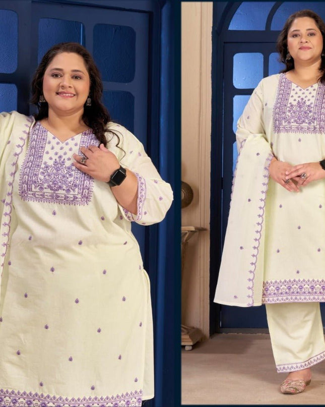 Plus Size 3 Piece Pure Cotton Kurtis Set With Embroidery Work | Perfect Ethnic Wear - Rosepetals Luxe