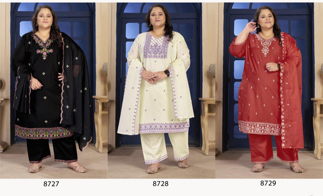 Plus Size 3 Piece Pure Cotton Kurtis Set With Embroidery Work | Perfect Ethnic Wear - Rosepetals Luxe
